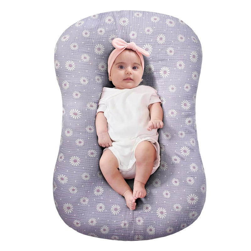 FUNUPUP Muslin Baby Lounger Cover Compatible with Snuggle Me Lounger, Infant Pillow Cover for Newborn, Removable Nest Slipcover for Boys and Girls, Only Cover, Purple Daisy - Image 1